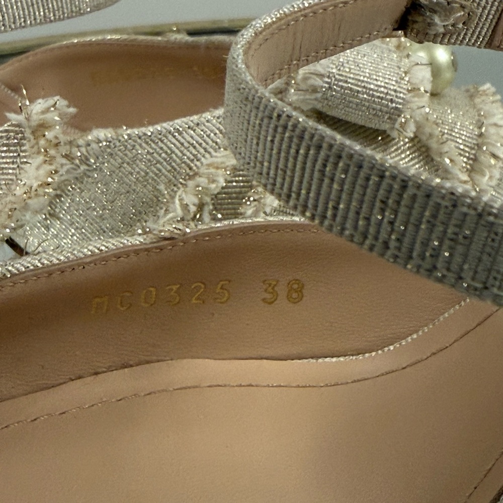 CHRISTIAN DIOR Laminated Grosgrain Pearl Fringe Adiorable Mule 38 Shiny Gold - Picture 10 of 12